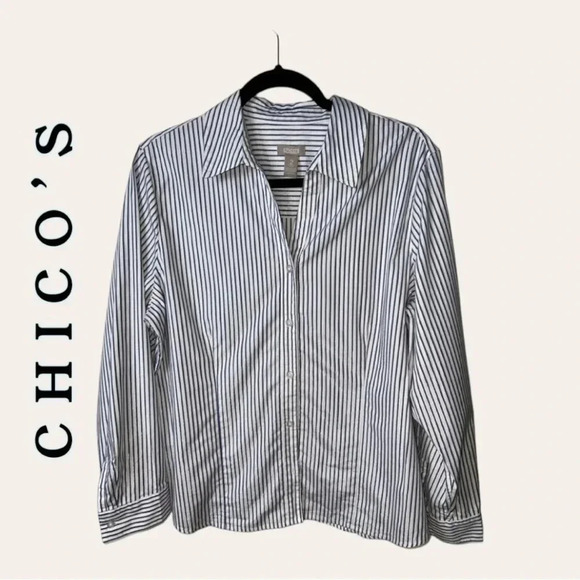 0749. CHICO’S LONG SLEEVE BUTTON DOWN TOP STRIPES V NECKLINE‎ SIZE 2 IN CHICO’S - Picture 1 of 11